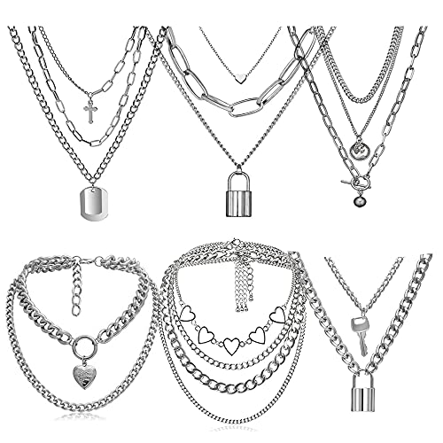 6-9 PCS Chain Necklace Egirl Men Male Emo Goth Chains Statement Lock Key 1-4 Layered Pendants Necklace for Women Teen Girls Boys Eboy Long Multilayer Chains Punk Choker Silver and Gold Set - 1