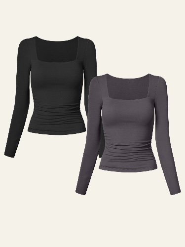 Eco-SkinKiss® Square Neck Ruched Brami Top 2Pcs Set - Black/Dark Elephant / L