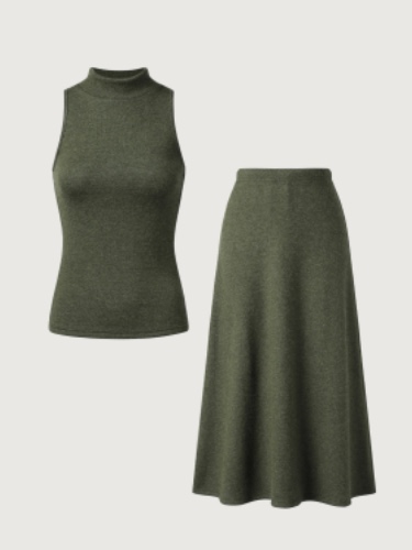 Cashsoft Underlayer Mockneck Tank & Elastic Waist A-Line Midi Skirt 2Pcs Set - Heather Olive / XL