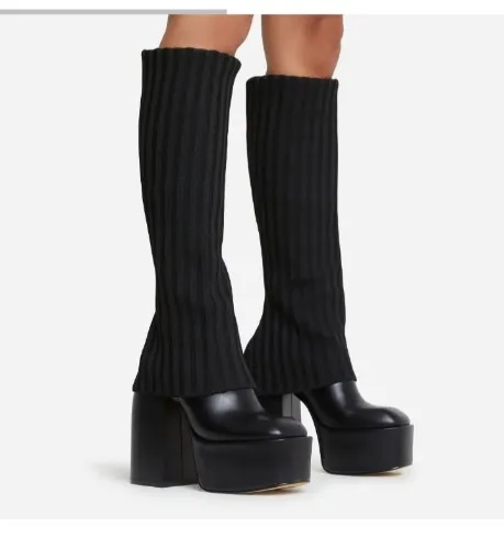 Leila Layered Knit Detail Square Toe Platform Block Heel Calf Boot In Black Faux Leather