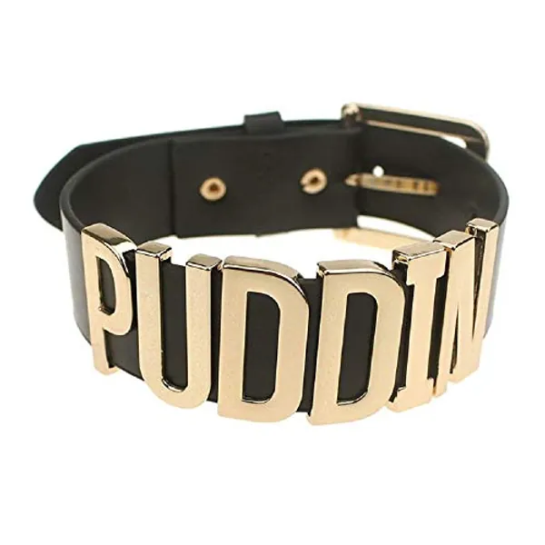 Adjustable Fashion High Neck Black Belt Letter Gold Puddin Choker Necklace Collar Cosplay Costumes Batman Suicide Squad Harley Quinn for Women Girls Adult-Black Belt & Gold Letter