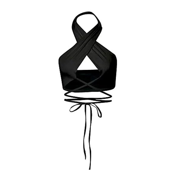 Top Corto Halter para Mujer, Cruz Fruncido con Cordones Cami Y2K Verano sin Mangas Crop Top Recortada Tank Top Self Tie Backless