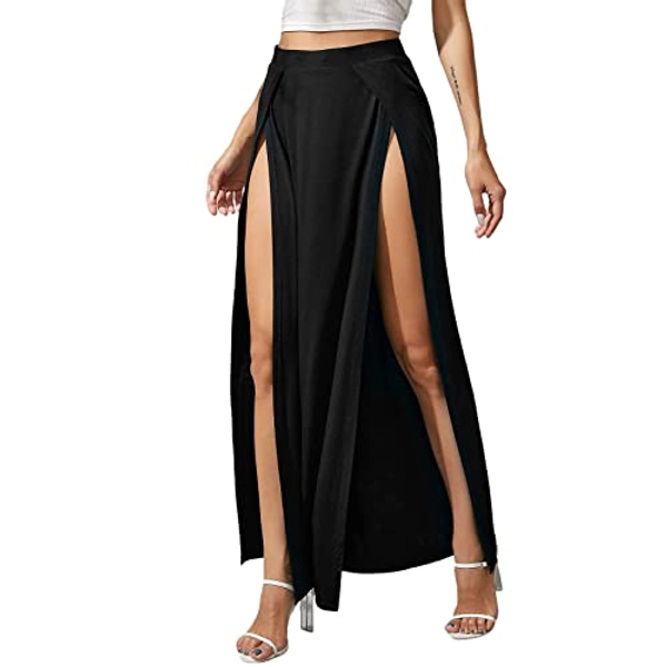 HodJIU Falda Larga Doble División Falda Sexy Abertura Lateral Mujer Maxi Falda Elástica Cintura Alta Falda Lisa Dos Aberturas Laterales de Fiesta Playa S-2XL