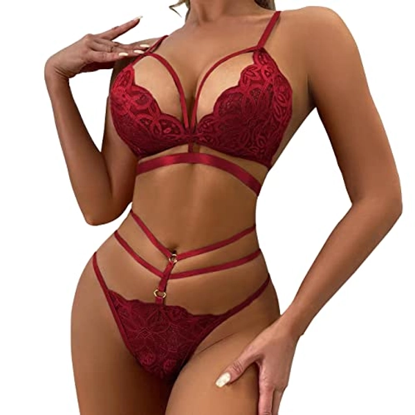 QKEPCY Conjuntos de lencería Sexy para Mujer Pijamas de Encaje Sexy Lencería Bordada Sujetador y Tanga de Encaje Conjuntos de lencería Sexy Conjuntos de lencería de 2 Piezas