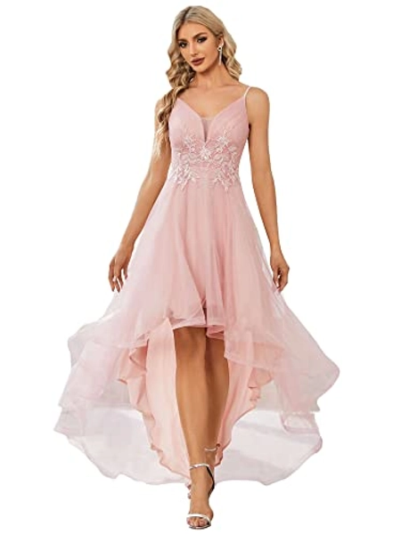 Ever-Pretty Vestido de Fiesta Escote en V Tul sin Elasticidad Alto Bajo A-línea Apliques Largo para Mujer Elegantes 01746