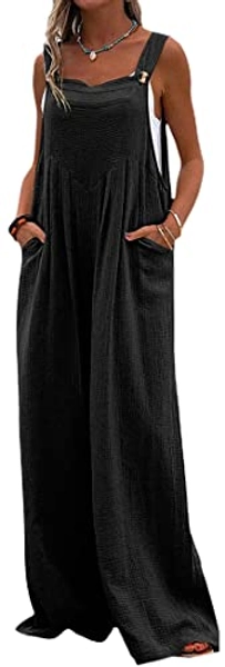PADOLA Mujer Monos Holgado Boho Estilo con bolsillo Monos sin Mangas Pantalones Ancha Ligeros Vintage Silueta recta suelta Ropa de Playa Vacaciones Verano