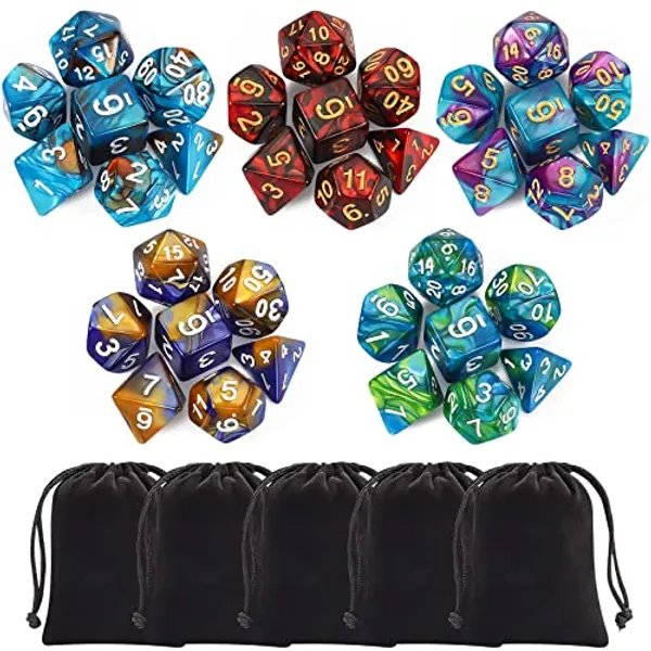 CiaraQ Polyhedral Dice Set (35 Pieces) with Black Pouches, 5 Complete Double-Colors Dice Sets of D4 D6 D8 D10 D% D12 D20 Compatible with Dungeons and Dragons DND RPG MTG Table Games