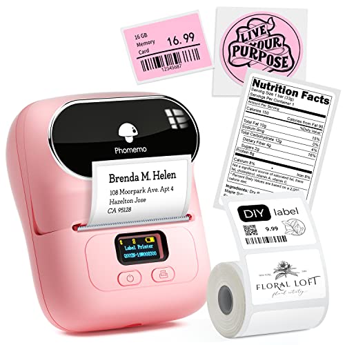 Phomemo M110 Portable Wireless Thermal Label Printer, Bluetooth Label Maker Machine for iOS & Android Phone, Barcode Printer for Clothing, Jewellery, Retail, Home, with 1 Roll 40x30mm Label - Pink