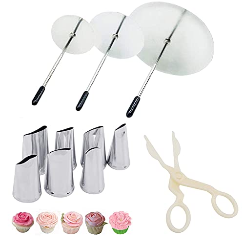 Cake Decorating Tool Kit, 7pcs Stainless Steel Icing Piping Nozzle Tips, 3pcs Cake Flower Nail and 1 Flower Lifters for Cake Fondant Cupcake - Flower