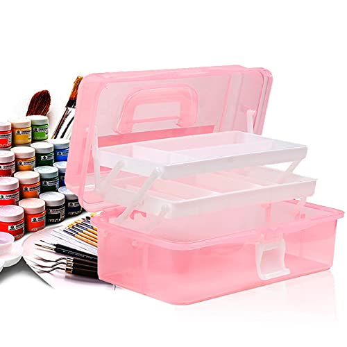 Craft Caddy Box Plastic Cantilever Box 3 Tray Art and Craft Box for Pencils Paints Pastels Craft Accessories - Pink