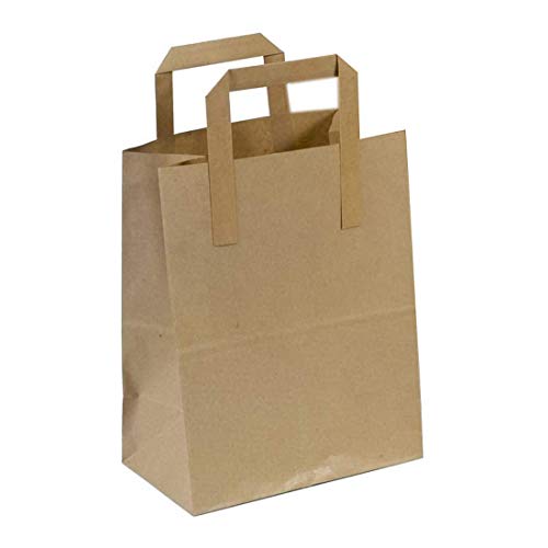 Frame Company Brown Paper Carrier Bags with Flat Handles, Pack of 50 - 18 x 21 + 9cm - Pack of 50