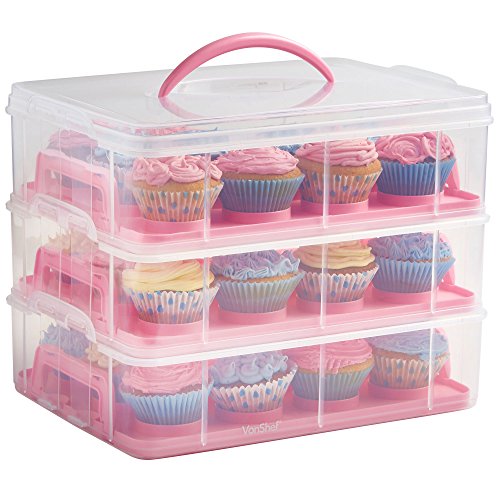VonShef Cupcake Carrier with Handle, Pink Three Tier Stackable Cup Cake Box, 36 Muffin Cake Carrier with Airtight Snap Lid, Clear Plastic Baked Goods Container - 07/550