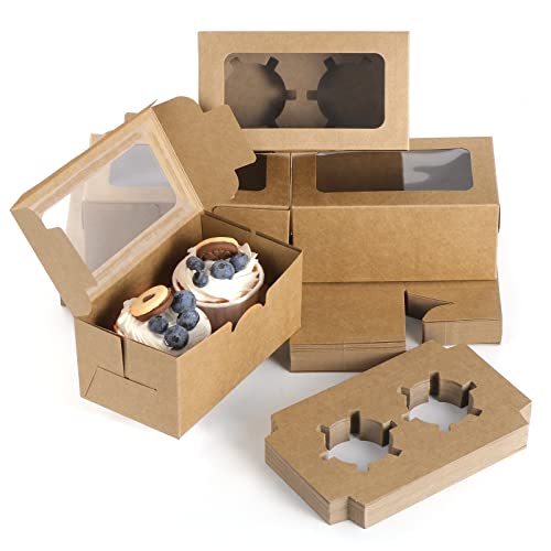Fippy 50 Pieces Cupcake Boxes 2 Hole with Window and Cardboard, Brown Paper Kraft Cakes Boxes Small Bakery Pastry Boxes for Cupcake Pastry Cookies Desserts, Kraft - 2 Hole(Kraft)