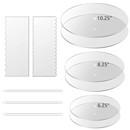 Boyun Acrylic Round Cake Disk Set,Acrylic Cake Discs Set,Comb Scrapers,Dowel Rods,Icing Scraper,Acrylic Scraper Smoother for 3 Tier Cakes (6.25" + 8.25" + 10.25")