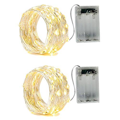 BXROIU 2 Pack Fairy Lights Battery Operated, Silver Wire 2 Mode Chains 16.5ft /5 Meter 50 LEDs String Lights for Bedroom Christmas Party Wedding Decoration Warm White (Warm White, 5 Meter) - Warm White - 5 meter