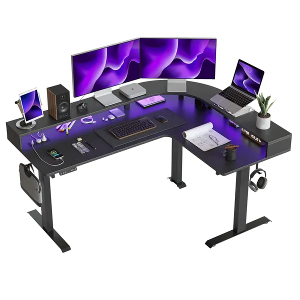 FEZIBO Triple Motor L Shaped Stadning Desk with LED Strip & Power Outrlets，63 inches Height Adjustable Stand up Corner Desk with Ergonomic Monitor Stand, Black Frame/Black Top - 63 Black