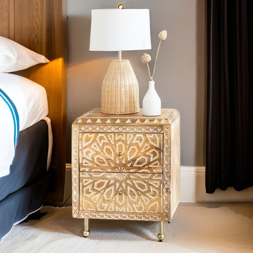 Agra Hand Carved Bedside Table In Solid Mango Wood With Two Drawers