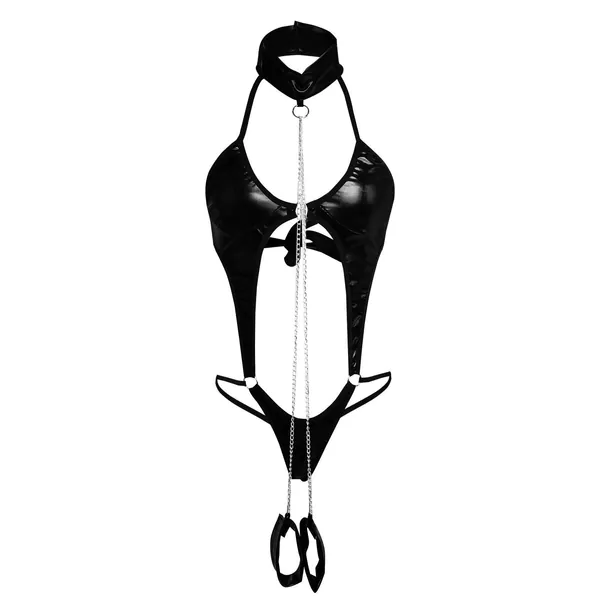 S5E5X Patent Leather Sexy Lingerie for Woman, Latex Clubwear Nightclub One Piece V Neck Patchwork Lingerie Set - Medium Black