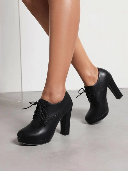 Chunky Heeled Lace-up Front Oxford Pumps, Ladies' Black Single Shoes With Neutral Tone Belt And Solid Color, High Heeled Oxford Shoes