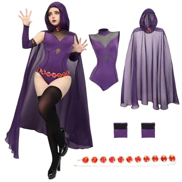 DAZCOS Women's Rachel Roth Cosplay Bodysuit Set With Purple Hooded Cloak and Gem Stone Belt