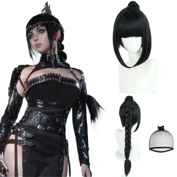 JoneTing Black Braided Wig【+Wig Cap】 Long Black Ponytail Wig with Braids for Women Shadow Cosplay wig Black Ponytail Wig Long Braided Wig BG3 Cosplay Wig for Party Shadow Costume Outfit Halloween