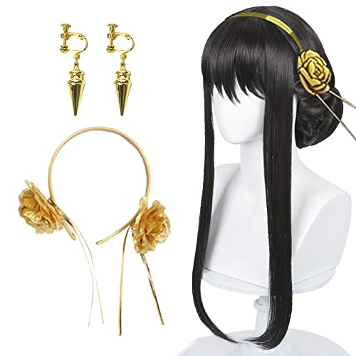 Half and Half Long Straight Black Anime Cosplay Wig + Headband + Earclips, Thorn Princess cos Wigs with Bangs + Hair Net for Women Halloween Costume Party - Black Wig + Headband Earrings