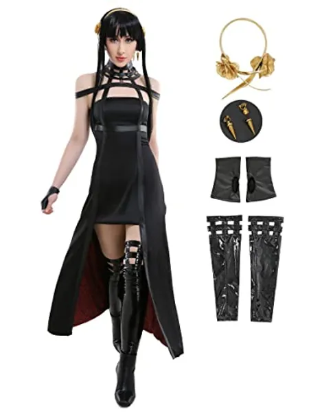 haikyuu Women's Anime Cosplay Costume with Stockings Accessory Earrings Gothic Halter Black Dress