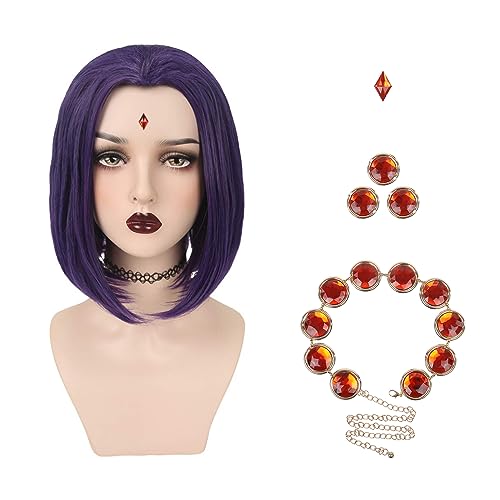 YOGFIT Women's Teen Superhero Purple Straight Wig with Widow's Peak Synthetic Wig Cosplay Halloween Costume Wig (Purple-Set) - 16 Inch - SET