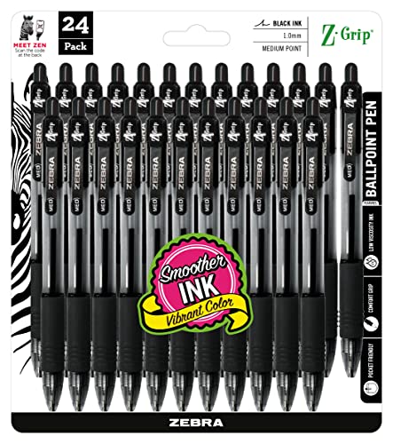 Zebra Pen Z-Grip Retractable Ballpoint Pen, Medium Point, 1.0mm, Black Ink, 24 Pack (Packaging may vary) - Black - 24