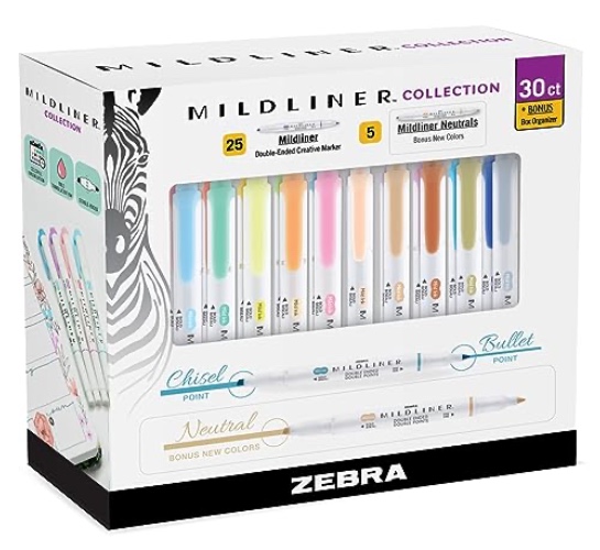 Zebra Pen Mildliner Highlighters, Double Ended Highlighter, Broad and Fine Tips, Pastel and Neutral Colors Midliner Pens, 30 Pack - 30 Count (Pack of 1)