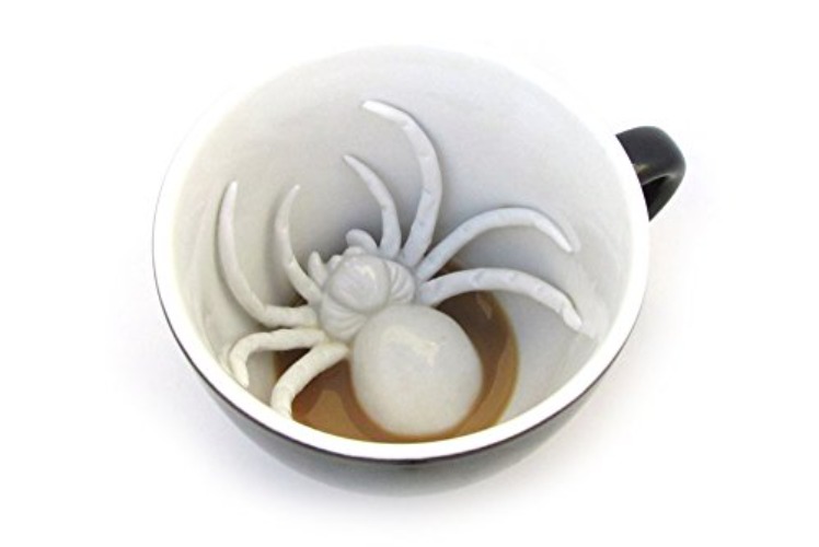 Creature Cups SPIDER Ceramic Cup (11 Ounce, Black Exterior) - Creepy Cups - Hidden 3D Critter Inside Mug Emerges As You Drink - Birthday, Holiday, Spooky Drinkware Gift for Coffee & Tea Lovers - Spider