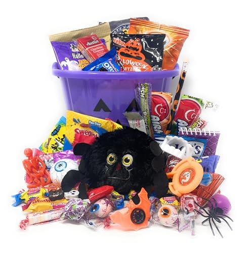 Halloween Candy Gift Basket Trick or Treat Pumpkin Bucket - Already Filled 50 Pieces Snacks Cookies Pack Care Bundle for Children Kids Boys Girls College Students, 50 Piece Set (Purple) - Purple