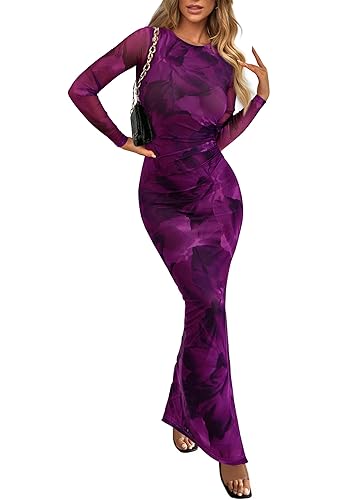 PRETTYGARDEN Women's Bodycon Maxi Dress Fall Fashion Long Sleeve Floral Print Tight Fitted Party Club Ruched Dresses - Print Purple - Small