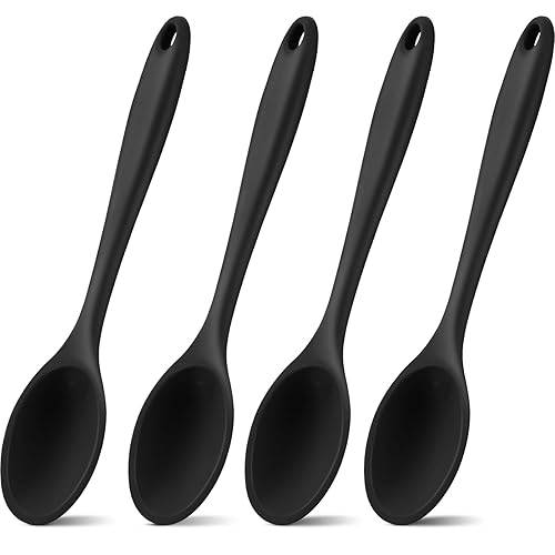 4 Pieces Silicone Mixing Spoon for Cooking Heat Resistant, Large Silicone Basting Spoon Utensil Spoon Non-stick Serving Spoon for Mixing, Baking, Serving and Stirring (Black) - Black