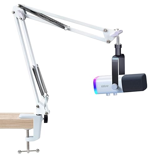 SUNMON White Boom Arm for Fifine AM8 - Mic Boom Arm Compatible with Fifine Microphone, Fifine Mic Boom Arm with 3/8" to 5/8" Screw Adapter Clip, Fifine Microphone Boom Arm with Desk Clamp