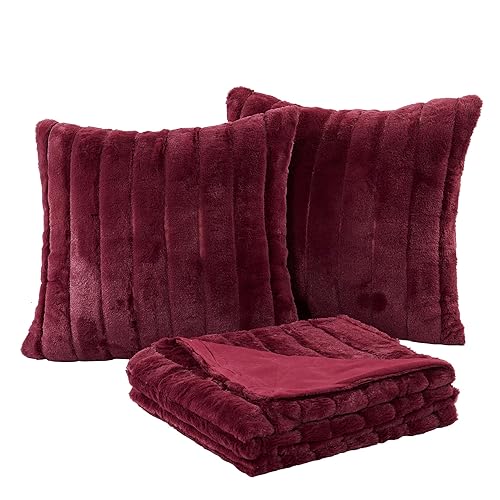 Home Soft Things Rabbit Faux Fur Throw Blanket (50" x 60") and 2 Pillow Covers (18" x 18")，3 Piece Burgundy Throw Pillow Set，Decorative Throw Blankets for Couch Bed Living Room - 50 Inch x 60 Inch - Burgundy