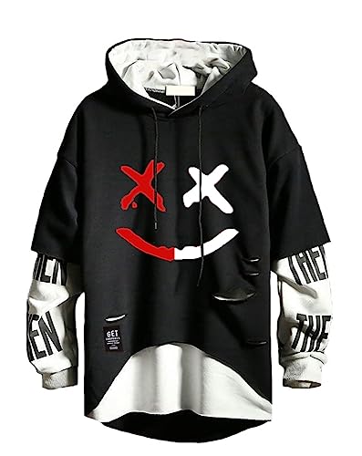 Hip Hop Hoodie Japanischer Streetwear Patchwork Urban Jumper - L - Schwarz
