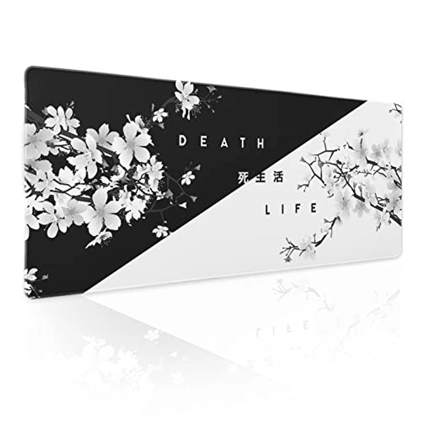 Black White Cherry Blossom Mouse Pad Japanese Sakura Death Life Extended Desk Mat 80X30 cm Non-Slip Rubber Base Stitched Edge Large XL Playmat for Gaming Laptop Computer PC Desktop,31.5×11.8 Inch