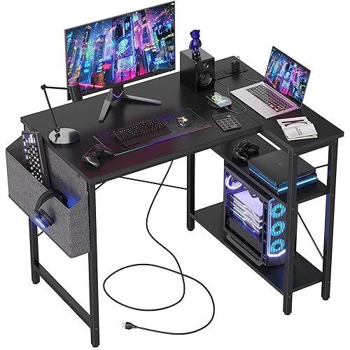 TIQLAB Small Computer Desk with Power Outlets, 40 Inch L Shaped Desk with Reversible Shelves, Gaming Desk Corner Desk Study Writing Table for Home Office Bedroom Living Room, Black - 40 Inch - Black