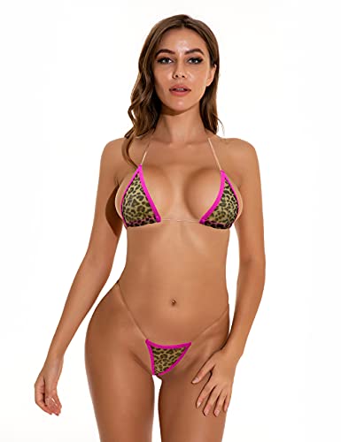 Oneheekini Women Sexy Leopard Mini Micro Bikini g String Sheer Bathing Suit Set - Pink