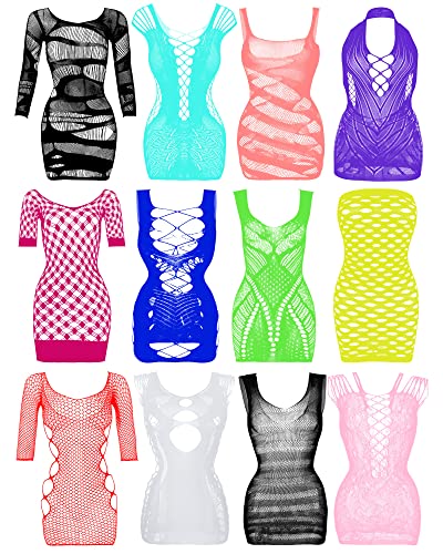 Geyoga 12 Pieces Women's Fishnet Lingerie Mesh Babydoll Bodysuit Lace Smock Lingerie for Women - One Size - Vivid Color