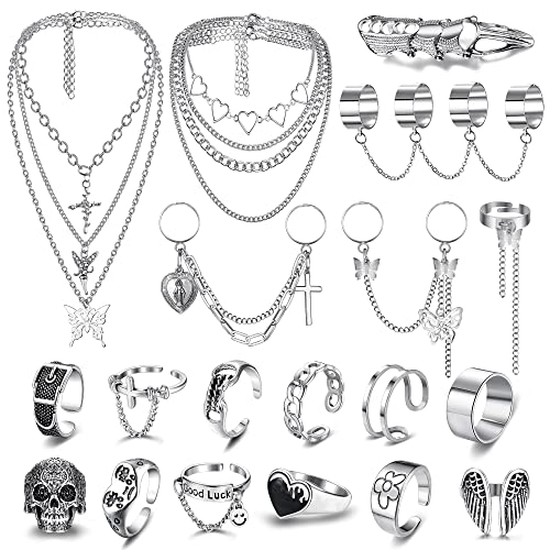 Sanfenly Punk Chain Rings+ Layered Chain Necklace Set for Women Men, Vintage Stackable Knuckle Finger Rings Layering Chunky Butterfly Cross Angel Pendant Heart Choker Necklace Statement Jewerly Set - Necklace Ring Set