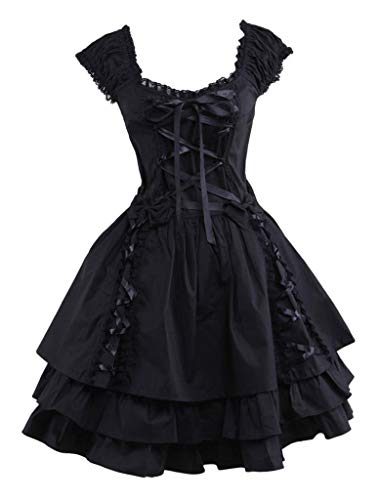 Ainclu Womens Classic Black Layered Lace-up Goth Lolita Dress - Small - Black