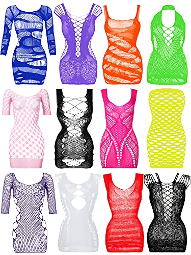 Geyoga 12 Pieces Women's Fishnet Lingerie Mesh Babydoll Bodysuit Lace Smock Lingerie for Women - Chic Style - Fresh Color