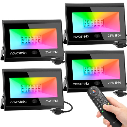 NOVOSTELLA 25W RGB LED Flood Light 4 Pack with Upgraded IR Remote, IP66 Waterproof Outdoor Stage Uplights, 4 DIY Modes, Dimmable Color Changing Floodlight, for Events Halloween Garden Stage Landscape - 25W-4Pack