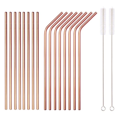 18 Piece Copper Stainless Steel Straws, 8.5 '' Reusable Rose Gold Drinking Straws,with Portable Pouch (8 Straight/8 Bent/2 Brushes) - Copper - 18 Piece