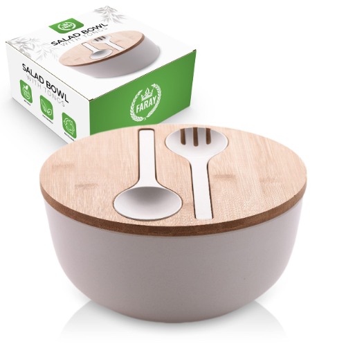 Bamboo Salad Bowl Set- Elegant Wood Salad Bowl with Lid and Salad Tongs for Serving- Durable, Wooden Salad Bowl with Serving Utensils Suitable for Fruits, Pasta & Vegetables- Ideal Gift Choice - 