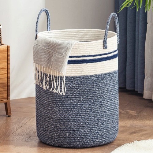 Woven Rope Laundry Hamper Basket by YOUDENOVA, 72L Tall Luandry Basket, Baby Nursery Hamper for Blanket Storage, Clothes Hamper for Laundry in Bedroom-Large-Blue - Tall (72L ) (16"x16"x22") Blue