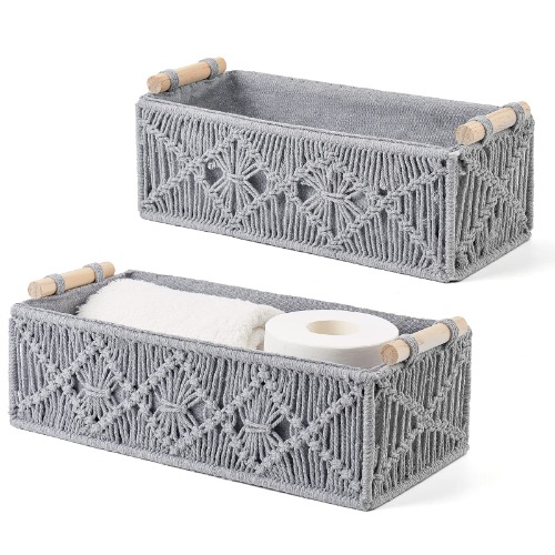 Mkono Macrame Storage Baskets Boho Decor Box Handmade Woven Decorative Countertop Toilet Tank Shelf Cabinet Organizer for Bedroom Nursery Livingroom Home, Set of 2, Grey - Grey