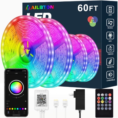 AILBTON Led Strip Lights,60ft Led Light Strip Music Sync Color Changing RGB Led Strip Built-in Mic,Bluetooth App Control LED Tape Lights with Remote,5050 RGB Rope Light Strips - 60FT